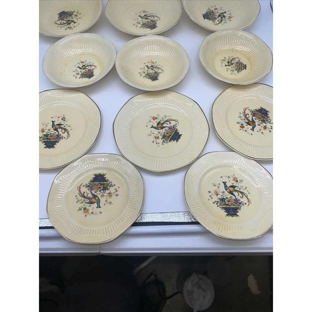 Lot Of 11 Antique Ivory Salem 1927 Yellow Plates & Bowl‎ Floral Bird of Paridise